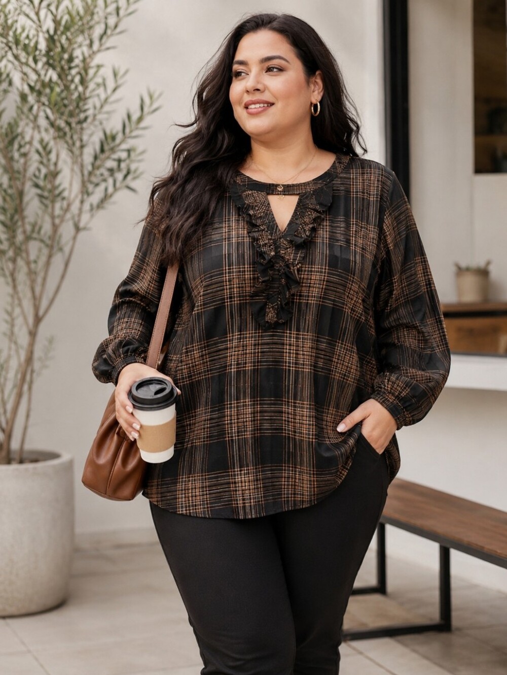 BLOOMCHIC Plaid Keyhole Frill Trim Lantern Long Sleeve Blouse